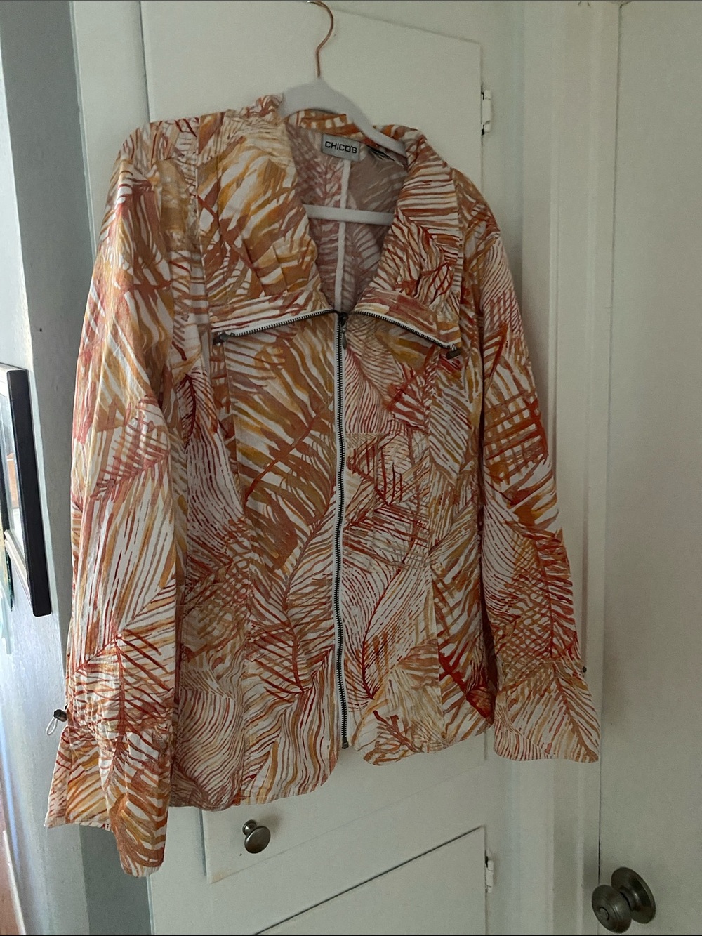 Chico's Multi-Tone Leaf-Print Zip Jacket in Rust, Tan & Cream